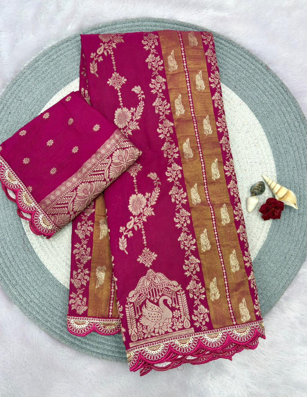 Crepe Khadi Tissue Swan Pavilion Pallu Motifs Sequin Scallop Lace