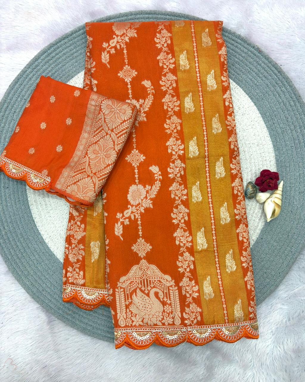 Crepe Khadi Tissue Swan Pavilion Pallu Motifs Sequin Scallop Lace