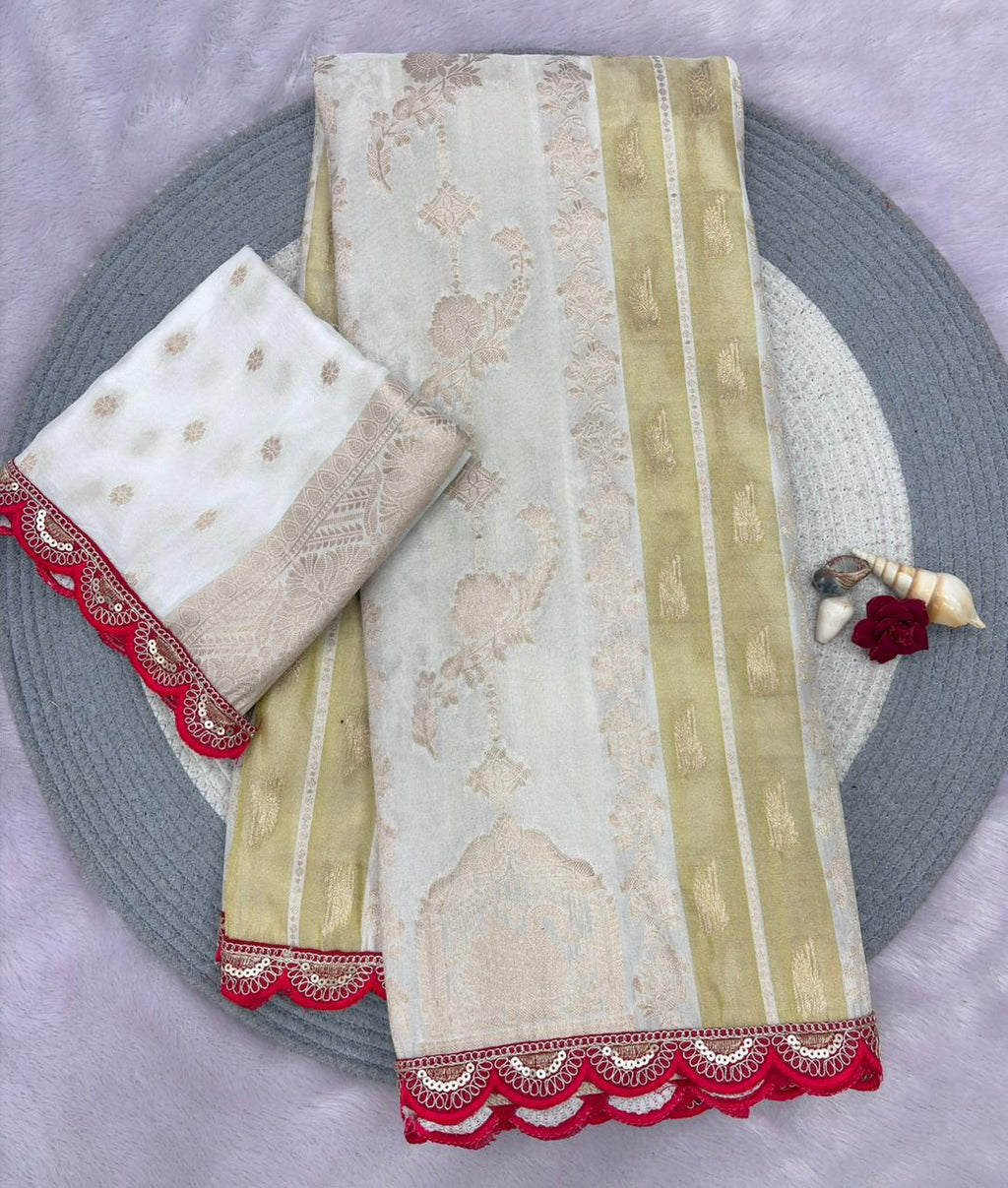 Crepe Khadi Tissue Swan Pavilion Pallu Motifs Sequin Scallop Lace