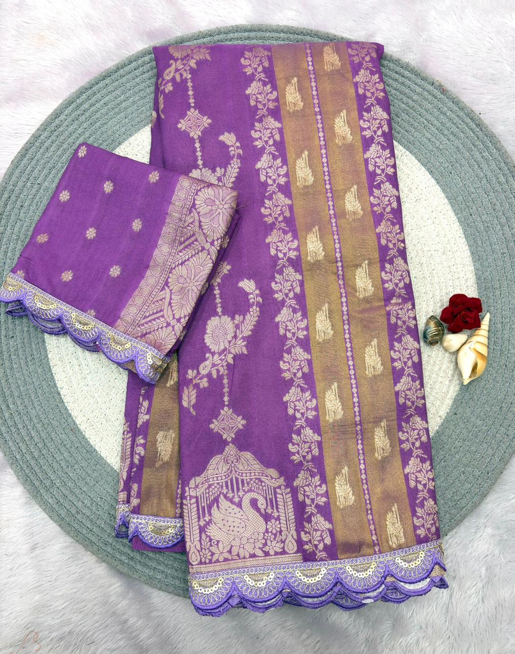 Crepe Khadi Tissue Swan Pavilion Pallu Motifs Sequin Scallop Lace
